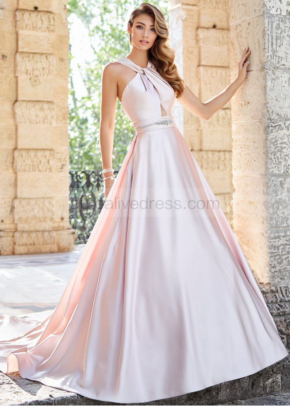 Halter Neck Rose Gold Satin Wedding Dress With Pockets